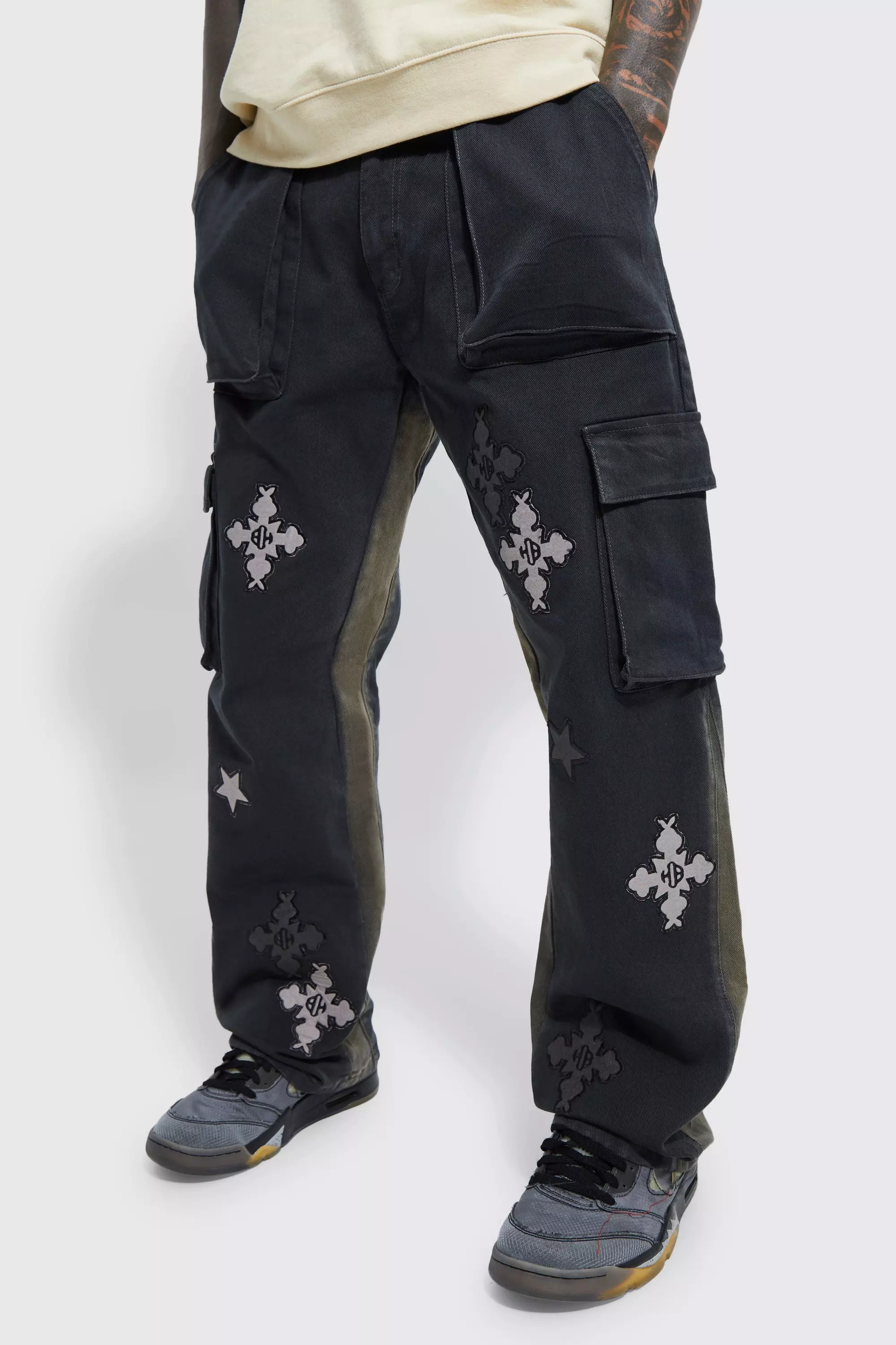 Fixed Waist Relaxed Cargo Applique Pants | boohooMAN USA